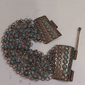 Vintage Antique Faux Turquoise Silver Tone Bracelet Trombone Pin Clasp